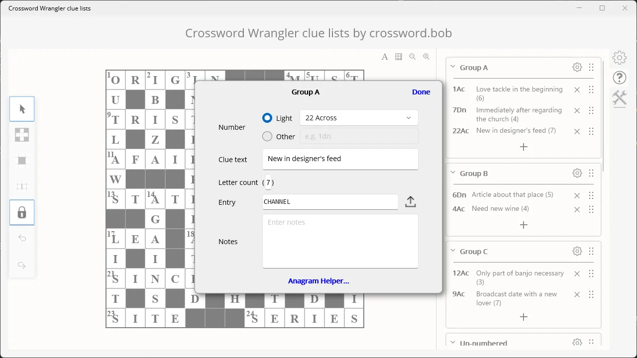Custom clue lists panel showing Across and Down clues along with additional lists