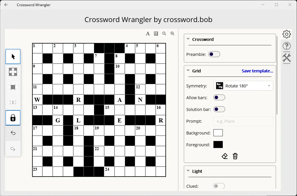 Our grid with some cells pre-filled to read WRANGLER
